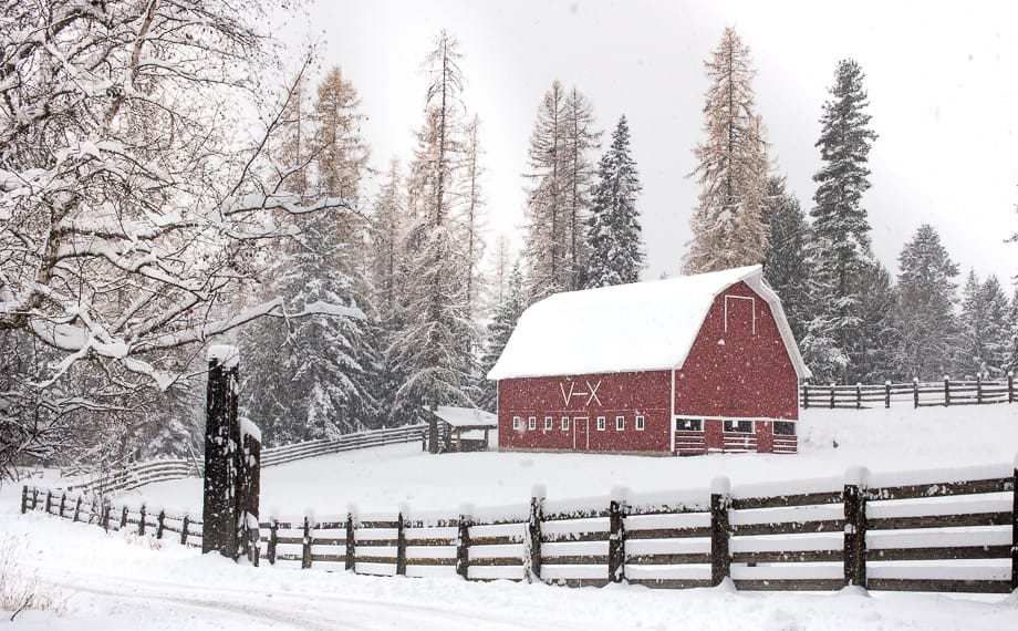 Winter Guest Ranch Big Red Barn and snow covered fence